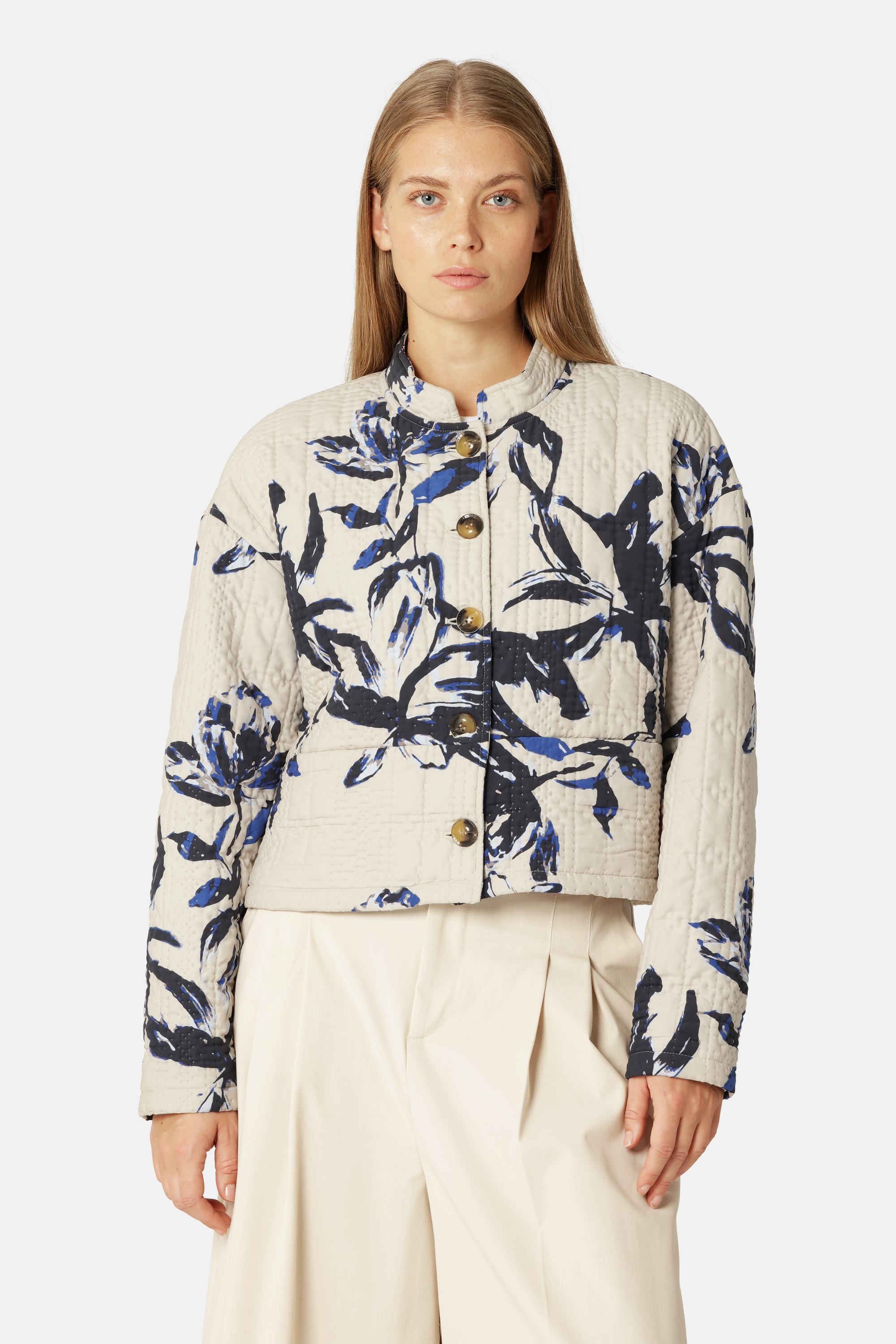 Kort Quiltet Jakke - Beige Artsy Stroke Flower